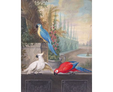 Follower of Jacob Bogdani Exotic birds in a picturesque park Gouache 15.75 x 12.5cm; 6 x 5in With another similar of chickens