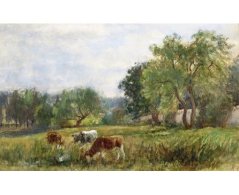 Mark Fisher R.A. (1841-1923) Cattle in a tree-lined meadow Signed with initials Watercolour 27.5 x 43.5cm; 10¾ x 17in Provena