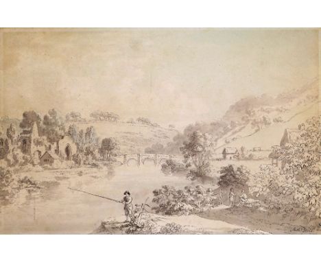 Anthony Devis (1729-1817) A fisherman in a river landscape Signed Pen and grey ink with watercolour 24.25 x 37cm; 9½ x 14½in 