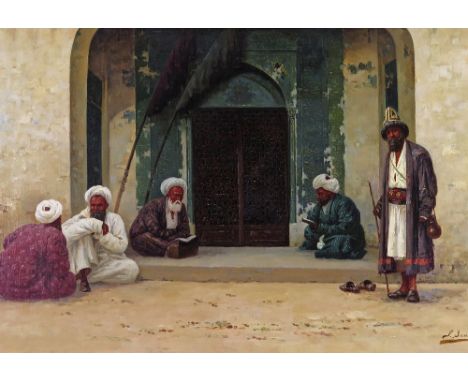 Richard Karlovich Zommer (Russian 1866-1939) At the door to the mosque Signed Oil on canvas 58 x 86cm; 23 x 34in Provenance: 