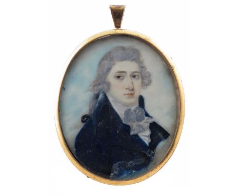 λ English School c. 1800  Portrait miniature of a gentleman, half length in blue  Oval, gilt frame  53 x 43mm  With another o