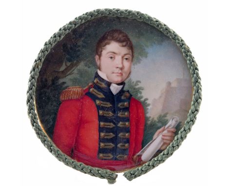 λ English School 19th Century  Portrait miniature of Captain James Birch R.E., head and shoulders, standing in a landscape, a