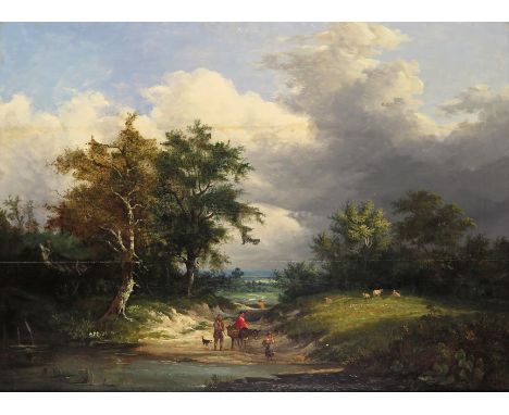 Edward Williams (1782-1855) Figures crossing a stream  Oil on panel 46 x 61cm; 18 x 24in General condition report Panel cradl