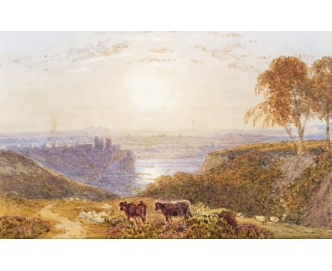 George Barret (c.1767-1842) Cattle and sheep at sunset  Watercolour with scratching out 14 x 21.5cm; 5½ x 8½in Provenance: Lo