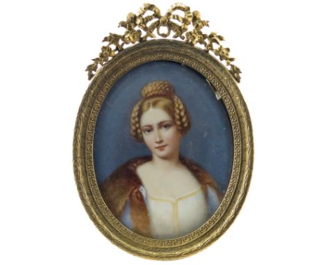 λ English School 19th Century  Portrait of a young lady with plaited hair and a fur wrap  75 x 57mm  With a further miniature