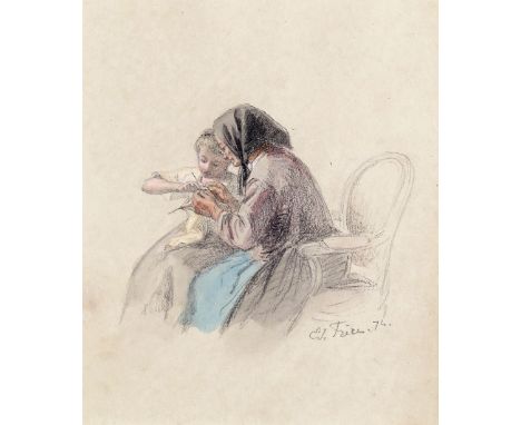 Charles Edouard Frère (French 1837-1894) Tying off the stitch Signed and dated ~74 Watercolour over pencil, on buff paper 17.