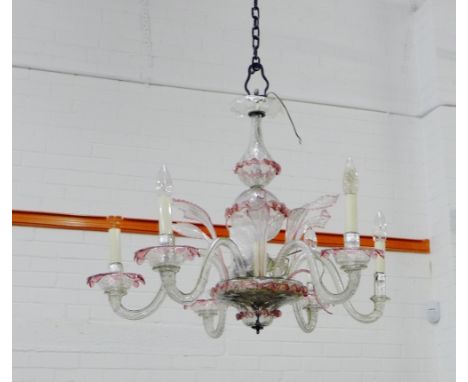 A Murano style pendant light six-branch chandelier with clear glass and ruby glass accents, drop approx 60cm