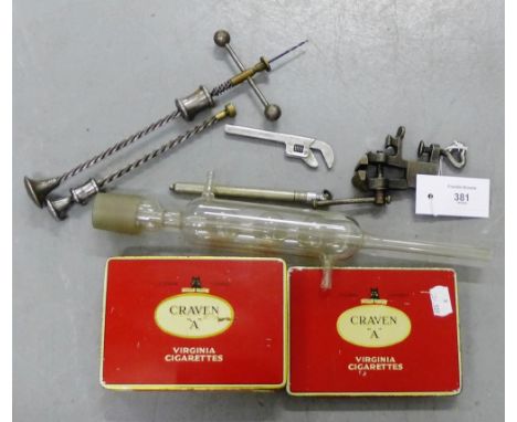 A mixed lot to include a glass Scientific condenser, vintage tools to include two hand operated drills by Hobbies, miniature 