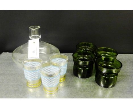 A collection of 20th century glass to include four Dansk designs limited green glass candlesticks, a clear glass decanter and