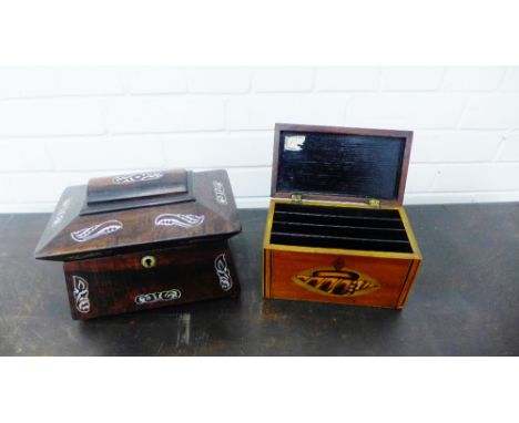 A rosewood and abalone inlaid tea caddy, together with a mahogany and inlaid stationary rack, largest 24 x 16cm, (2)
