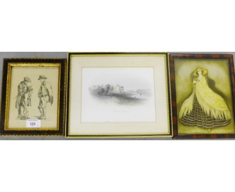 Small etching of three male figures, together with a print of an elegant lady and a coloured print of Linlithgow Palace, (3)
