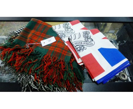 A collection of vintage Silver Jubilee linen tablecloths, a tartan shawl and a black and white chequered shawl, (a lot) 