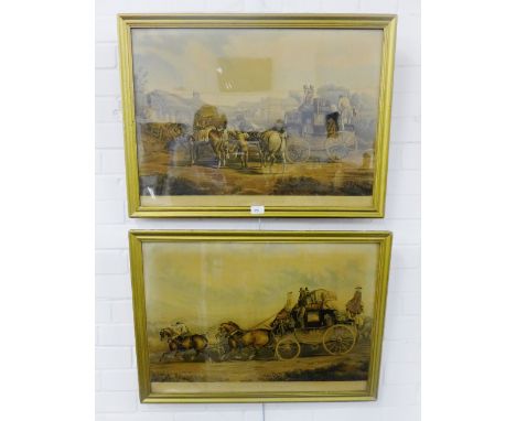 A pair of coloured coaching lithograph prints to include 'Pulling up to un-skid' and 'Changing Horses', in glazed frames, 75 