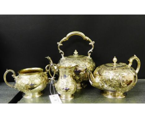 A 19th century Epns tea and coffee set with floral repousee decoration, comprising kettle, teapot, twin handled sucrier and a