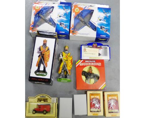 A mixed lot to include two Aviation Archive Battle of Britain diecast Corgi planes, Small World Ltd Robert the Bruce figure, 