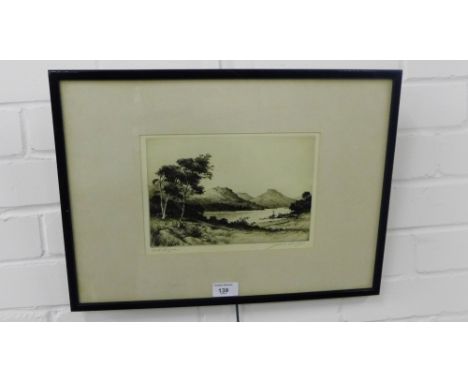 Jackson Simpson Loch Laggan  Etching, signed and titled in pencil, in a glazed ebonised frame, 25 x 17cm