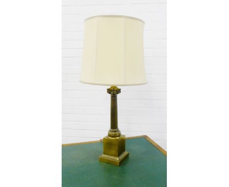 A brass corinthian columned table lamp on rectangular plinth base, complete with shade, size excluding light fitting, 56cm