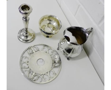 Hamilton & Inches, Edinburgh silver bowl, Birmingham silver mounted and glass pot stand, Birmingham silver candlestick and an