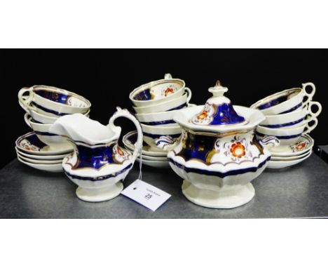 A 19th century Gaudy Welsh tea set comprising ten cups, ten saucers, cream jug and twin handled sucrier complete with lid, (2