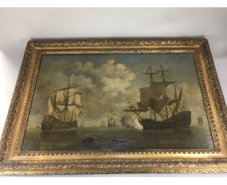 After Van Heydn, maritime battle scene, French warships in the foreground, print on canvas, 53cm by 84cm
