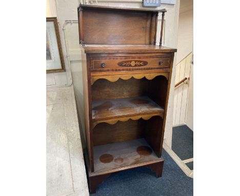 A small mahogany bookcase with raised shelf back, single inlaid drawer above two open shelves on bracket base, 53cm