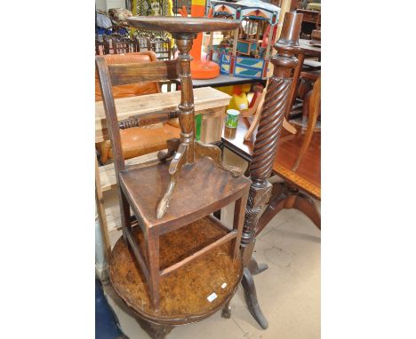 A Georgian oak side chair, Victorian mahogany standard lamp, walnut coffee table and a tripod table, pine open shelves and a 