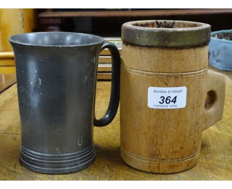 A Victorian brass bound pint mug and another from the Abbey Hotel, Battle.