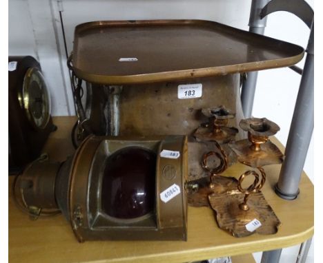 A port lantern, Eastern copper pot, candlesticks and a tray.