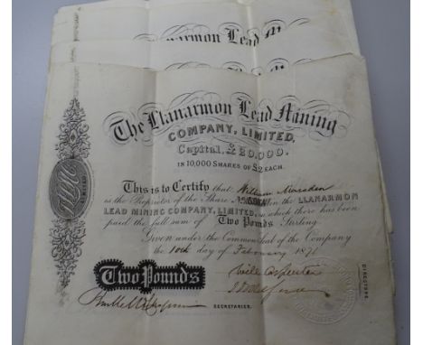A group of 1871 Llanarmon lead Mining Co., Ltd. share certificates, (14).