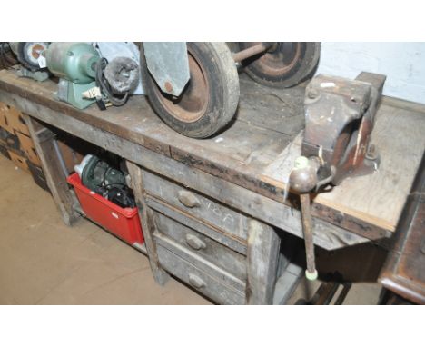 A Vintage pine work bench, with a Parkinson's model F no. 7 bench vice, with 3 fitted drawers under, length 175cm.