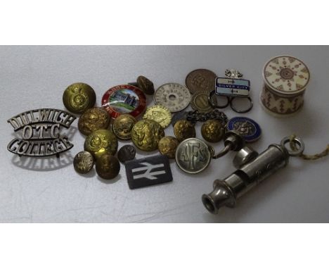 A box containing miniature engraved ivory box, Scout whistle, enamelled badges including Masonic, etc.