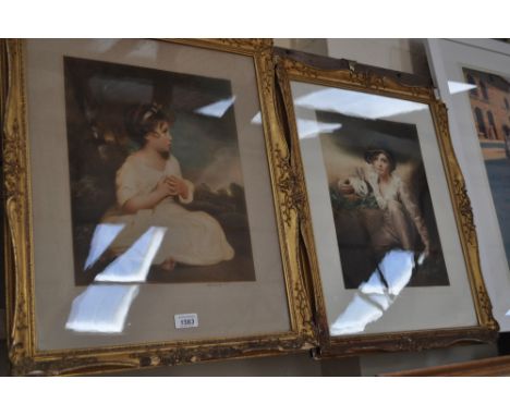 2 Antique coloured prints, figure studies in gilt gesso frames.