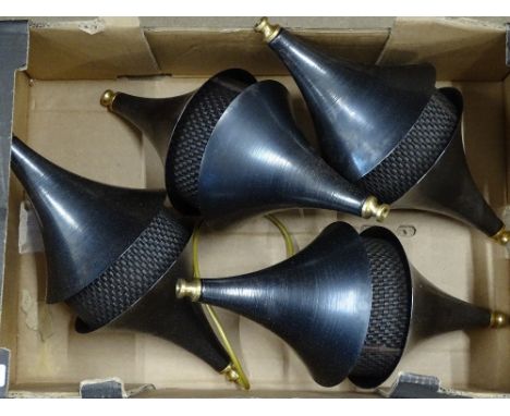 A set of 4 contemporary designer pendant lamp shades in blackened steel and brass.