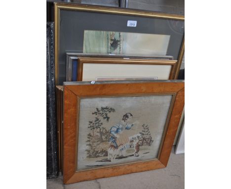 A Victorian maple framed woolwork picture, set of 3 framed prints and 3 others.