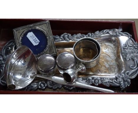 A French plate ladle by Chistoffle, 2 small silver topped rouge pots, silver thimble, and a silver fronted photo frame, silve