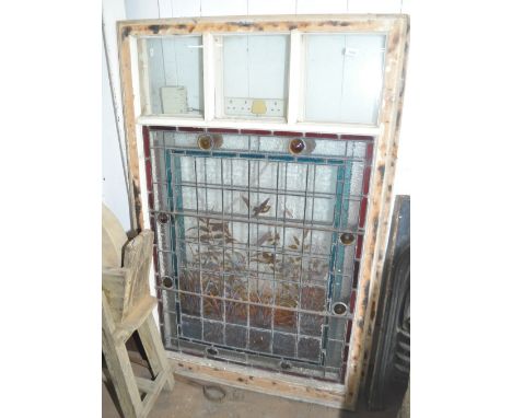 Pair of Victorian coloured lead light windows, painted floral decoration, pine framed, width 93.5cm.