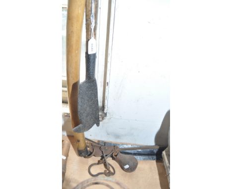A Vintage long handled scythe, billhook and a pot crane.