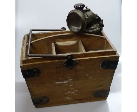 A Victorian pine housemaid's bucket and a Vintage lamp.