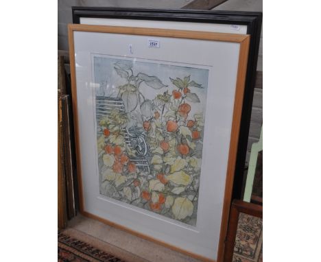 Della Chapman, lithograph, September Garden, and pencil and charcoal drawing, study of a turkey, signed, by a different hand,