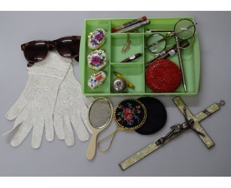 Box containing ivory backed doll's mirror, tortoiseshell spectacles, pocket pencils, crucifix, cinnabar box,  etc.