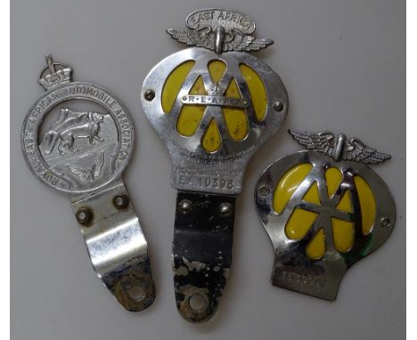A Royal East African Automobile Association chrome car badge, an East Africa AA badge and another AA badge, (3).
