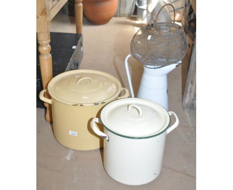 Vintage enamel water jug, bread bins and a wirework egg basket.