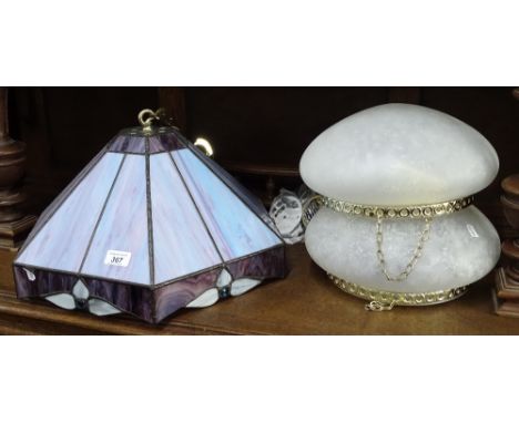 A hexagonal lead light ceiling light shade and a pair of ceiling light bowls.