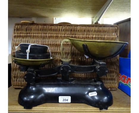 Brass pan kitchen scales and a hamper.