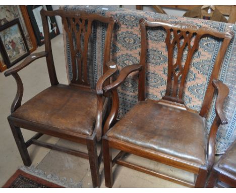 Pair of 19th century mahogany Chippendale style elbow chairs, carved pierced splat backs, drop-in seats.
