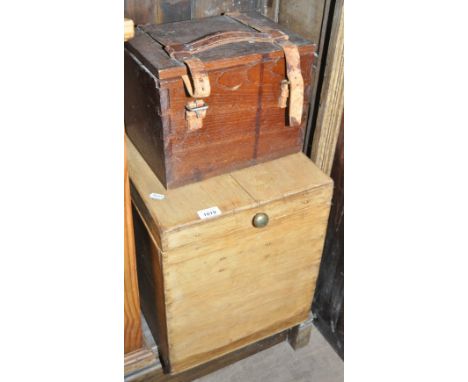 A small Vintage pine box and a camera plate box with leather handle.