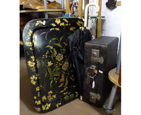 Large lacquer tray with gilded and painted design, suitcase, walking stick, etc.