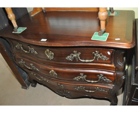 Continental mahogany serpentine front commode, with 3 long drawers, cabriole legs, width 112cm.