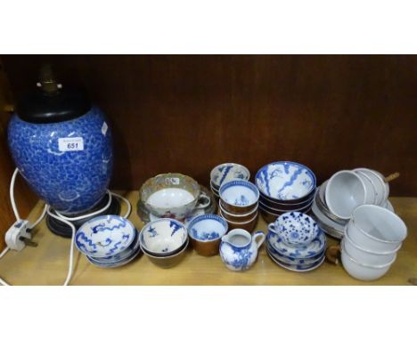 Oriental blue and white tea bowls, Chinese cup and saucer, lamp, enamelled teaware, etc.