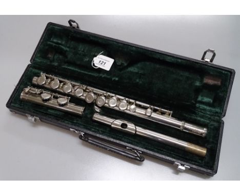 Silver plated sapphire flute in case, by Rosseti of London.